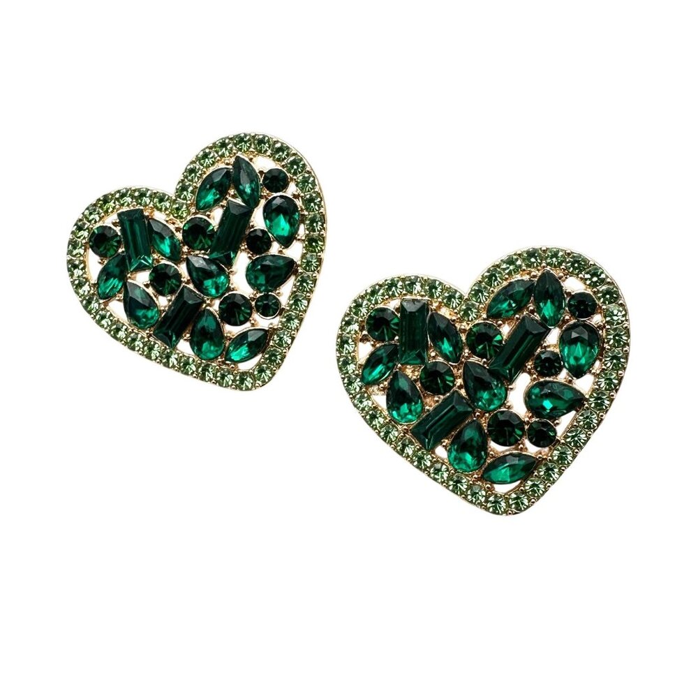 Green Crystal Rhinestone Heart Earrings Pierced Gold Tone Chandelier New